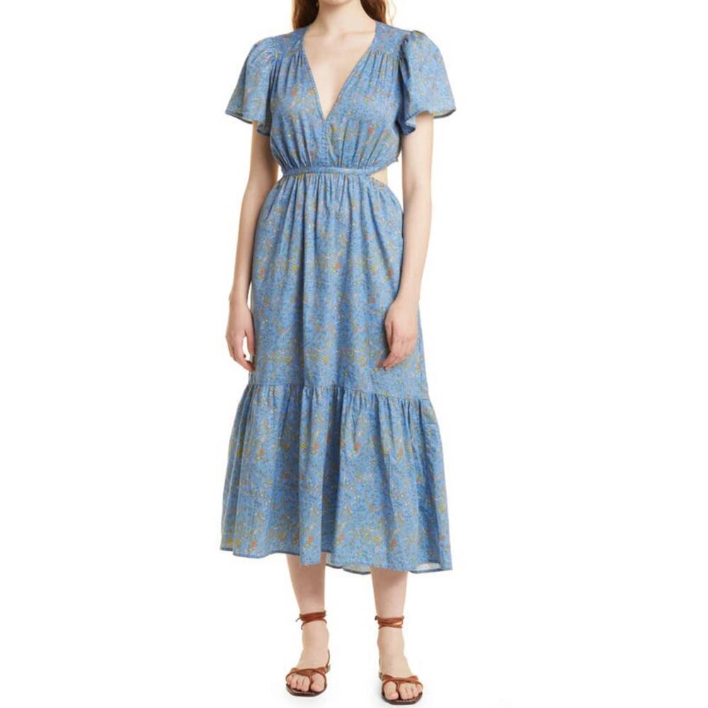 Xirena Gabrielle Blue Floral Print Cut Out Cotton V-Neck Midi Dress‎ Size XL NWT
